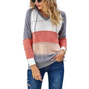 GOLDPKF Sweat a Capuche Femme Mode col v marinière Chic et Elegant léger Manche Longue Tricot Pull Hoodie Sweatshirts Gris XL (GOLDPKF, neuf)