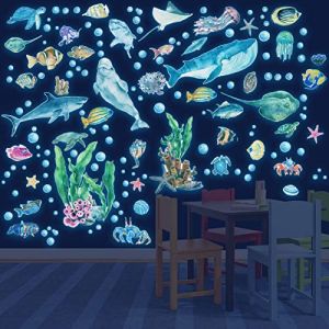 Autocollants Lumineux Vie Marine Stickers Muraux sous la Mer Baleine Dauphin Poissons Fluorescent Autocollant pour Chambres d'enfants Décoration de Plafond Bleu (HSDBF, neuf)