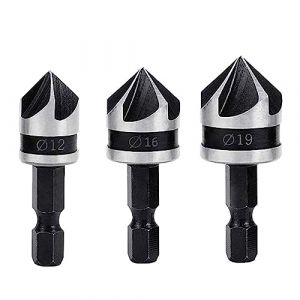 Treki 3PCS Fraises à Chanfreiner 90 Degrés 5 Flûte Fraise Conique à Noyer 12mm/16mm/19mm Fraise Bois 1/4" Hex Foret Fraisage Bois en Acier au Carbone Coupe de Chanfreinage de Bois (Treki, neuf)