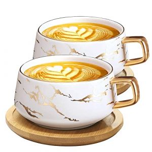 VETIN Lot de 2 Tasses &agrave; cappuccino avec soucoupe, tasse en marbre, 300 ml, en porcelaine, pour th&eacute;, caf&eacute;, cappuccino, tasses &agrave; caf&eacute; avec disque en bois, Blanc (VETIN, neuf)