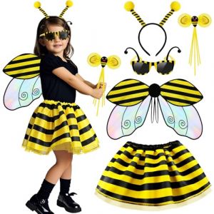 Toyssa Déguisement Abeille Enfant avec Ailes Jupe Bandeau Lunettes de Soleil Baguette Magique, Bourdon Guêpe Déguisement Fille 2 3 4 5 6 Ans pour Carnaval Noël Cosplay Halloween (Toyssa EU, neuf)