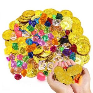 50 Pi&egrave;ces d'or & 100 Pierres Pr&eacute;cieuses pour Chasse au Tr&eacute;sor | Kit Pirate &Eacute;cologique en Plastique & Acryl &ndash; Id&eacute;al pour Anniversaires Pirate, D&eacute;corations de Coffre et Jeux d'Aventure (KRISSY WORLD Kft, neuf)