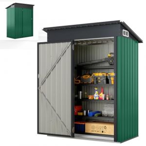 HOMASIS Abri de Jardin M&eacute;tal Exterieur avec Toit en Appentis, Cabane de Jardin avec Porte et 2 Fen&ecirc;tres, Abri &agrave; Outils Structure Renforc&eacute;e, Haute R&eacute;sistance pour Ferme,150 x 88 x 185 cm (Vert) (Homasis, neuf)