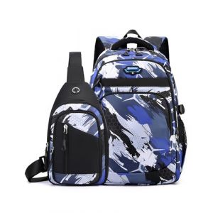 Tanou Sac a Dos College ado Garcon de 2 Pièces, Grand Cartable Garcon Primaire Sacs à Dos pour Enfant Impermeable, Sac Ecole Renforcé Daypack en Nylon pour Garçons 10 à 18 Ans, Camouflage Bleu (Tanou Bagages, neuf)