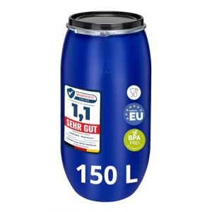 Garronda réservoir d'eau de 150 litres, Baril Alimentaire, fût à Large Ouverture en HDPE et sans BPA, tonneau de Jardin, bac à Aliments pour Animaux, conteneur d'eau, tonneau Universel GD-0078, Bleu (Hisert, neuf)