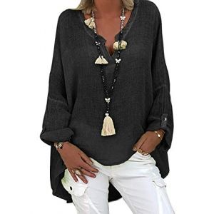 Tincini Chemisier Femme Tunique Femme Chic d'&eacute;t&eacute; Top en Lin pour Haut Col en V Grande &eacute;l&eacute;gant Chemise &agrave; Manches Longues en Lin et Coton Chemise imprim&eacute;e (Noir, 3XL) (xitai store, neuf)