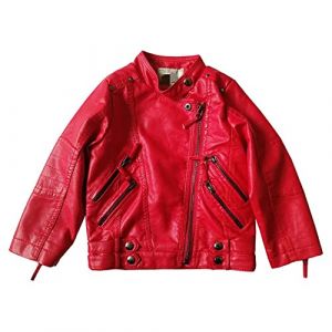 Lengender Veste en Simili Cuir Enfant Fille Manteau Courte PU Cuir Jacket Blouson Motard Hiver Automne (Rouge, 150) (FindPitaya, neuf)