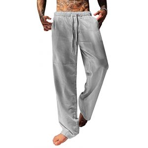 YAOBAOLE Pantalon Homme Lin Pantalon Yoga Homme Coton Pantalons Leger Ete Hommes Pantalons Blanc Hommes Slim Gris Clair M (YBLfashion, neuf)