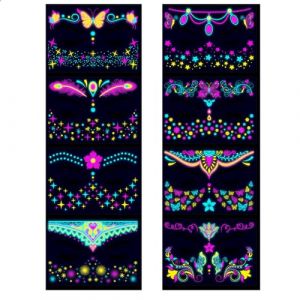 BaronHong Tatouages temporaires phosphorescents pour le visage, autocollants UV néon lune, étoile et fleurs, décorations pour festivals, bars et fêtes (lot de 8 (A), taille M (BaronHong, neuf)