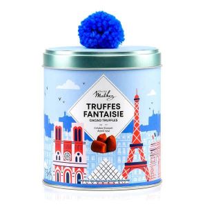 Truffes fantaisie aux &eacute;clats de cr&ecirc;pes croustillantes en boite fer &agrave; pompon bleu Paris - Boite m&eacute;tal 250g (BienMangerCom, neuf)