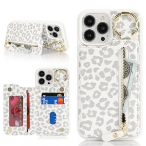 Ｈａｖａｙａ Coque pour iPhone 13 Pro Max avec Porte Carte Etui f&uuml;r iPhone 12 Pro Max avec Mousqueton Porte cl&eacute; Porte Monnaie Femme Cuir zipp&eacute; Housse Rabat avec Anneau - Imprim&eacute; l&eacute;opard Blanc (HuaJie-Tech, neuf)