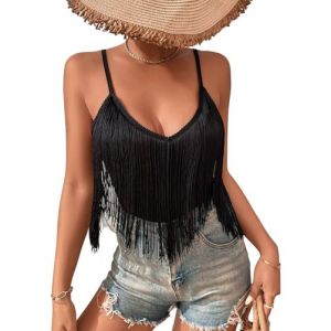 Dbardeur Franges pour Femme - Haut de Festival avec Ourlet Pompon Fixe - sans Manches - Col en V - Concert - Tenue bohme - Maillot de Corps Rave Shirts, Noir, M (ROSEELLA, neuf)