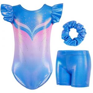 Gogokids Ensemble de Gymnastique à Manches Volantées pour Filles, 3 Pièces Justaucorps de Gymnastique pour Enfants avec Design à Paillettes Dégradées, Costumes de Gymnastique pour 6-7 Ans (KunTee, neuf)