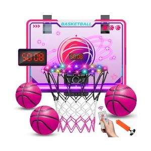 VATOS Panier de basket-ball rose pour branchies avec tableau de score &eacute;lectronique, 7 lumi&egrave;res de couleur, t&eacute;l&eacute;commande pour filles et enfants de 5 &agrave; 12 ans, ensemble de basket-ball d'int&eacute;rieur rose (XIAOMA ONLINE EU, neuf)