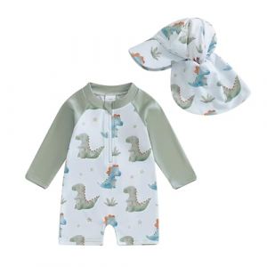 Loalirando Maillot de Bain Enfant B&eacute;b&eacute; Gar&ccedil;on de 2 Pi&egrave;ces Anti-UV, Combinaison Zipp&eacute; &agrave; Manches Longues Imprim&eacute; + Chapeau &agrave; Large Bord (Vert Dino, 2-3 Years) (Biu-clothing, neuf)