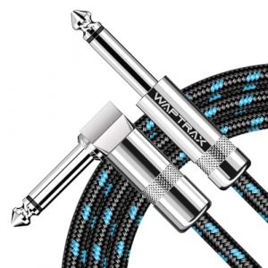 Waptrax C&acirc;ble de guitare 3 m pour instrument &eacute;lectrique, basse et ampli pour mandoline &eacute;lectrique, audio professionnel, angle droit vers droit, noir/bleu (Wapture, neuf)