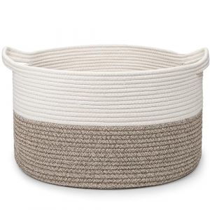 Virklyee Corbeille &agrave; Linge en Coton Tiss&eacute; 32L Corbeille en Coton &Phi;40 x H25 CM Paniere Tress&eacute; Fabriqu&eacute; &agrave; la Main Panier de Rangement Pour Jouets avec 2 Poign&eacute;e, Couvertures V&ecirc;tements(Blanc+Brun) (OYSHOPP, neuf)