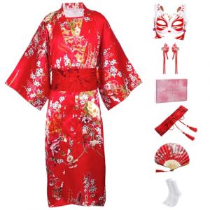 CRFASIBE Enfants Kimono Robe Japonais, Enfants Costumes Japonais Cosplay V&ecirc;tements, Kimono D&eacute;guisement, Filles Yukata Peignoir Ensemble avec Accessoire(Rouge,140cm) (YEEGERINC, neuf)
