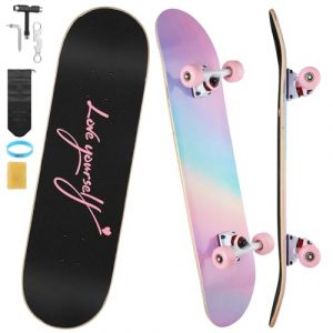 ILAHUI Skateboard Ado Fille Enfant Adulte débutants- 7 Couches en Bois d'Erable Plateau 80 x 20cm Apporter Sac Skateboard - Poudre Arc-en-Ciel (RENGHWD, neuf)