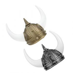 FRCOLOR Lot de 2 Casques Vikings &agrave; Cornes de Taureau Casques M&eacute;di&eacute;vaux pour Adultes Plastique L&eacute;ger Couleurs Or et Argent&eacute; Accessoires de D&eacute;guisement pour Carnaval Halloween et F&ecirc;tes (Laners, neuf)