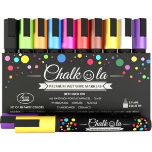 Chalkola Set 10 Feutre Craie Liquide Effaçable | Pointe Réversible 6mm | Chalk Marker et Peinture Stylo Craie pour Tableau Noir | Effacable Marqueur pour Vitre, Fenetre Verre, Ardoise (WizMops, neuf)
