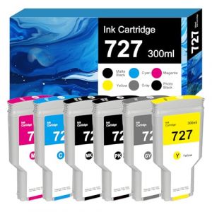 727 727XL Cartouche d'encre 300-ml pour HP 727 F9J77A F9J79A C1Q12A F9J76A F9J80A F9J78A Compatible pour HP DesignJet T1530 T2500 T920 T930 T1500 (Noir, Noir Photo, Cyan, Magenta, Jaune, Gris) (zhuhaishigenyuanmaoyiyouxiangongsi, neuf)