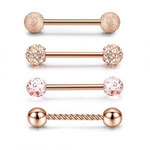 PiercingJak 4PCS Piercing Langue Téton Mamelon 14G Acier Inoxydable Boule Zircon Anneaux de Langue Téton Piercing Barre Droite Barbell Hélix Cartilage Oreille Bijoux de Corps Femme Homme-Rose Or (KKCAT, neuf)