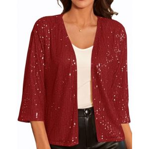 GRACE KARIN Elegante Cardigan Gilet Court Femme Manche Longue col v pour Soir Bolero Vintage Rouge Vivant &agrave; Paillettes XXL (Zexxxy, neuf)
