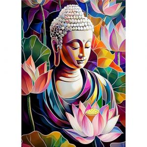 MOGTAA 5D Bouddha Diamond Painting, DIY Fleurs Diamant Painting Complet Diamant Kit, Peinture Diamant Adulte, Bricolage Artisanat Strass Point de Croix Painting pour Murale Décor 30x40cm (Keleman, neuf)
