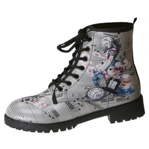 Ulalaza Bottes pour Femmes Bout Rond Talons Bloc Bottines Plateforme Gothique À Lacets Punk Bottes De Combat De Moto en Cuir Imprimé Multicolore Grosses Bottes Courtes (ToBe-One, neuf)
