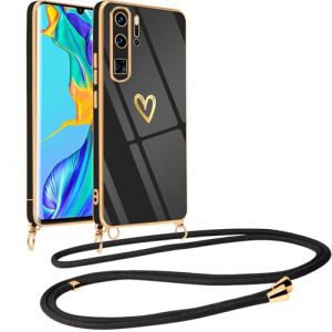 Vauki Coque pour Huawei P30 Pro avec Cordon de Collier, Galvanis&eacute; Etui Housse avec Motif Coeur d'amour, Antichoc Anti-Rayures Case avec Bandouli&egrave;re pour Huawei P30 Pro 6.47", Noir (HARMONIQUE WAY, neuf)