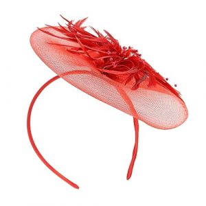 Baluue 1 Pc Bandeau à en maille chapeaux fascinators pour les femmes tea party fascinateur avec voile bandeau plume coiffe plume élégante coiffe de pince à cheveux arc rouge (Fortune Luck, neuf)
