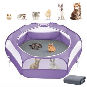 Parc pour Petits Animaux 2-en-1 avec Coussin, Cage pour Petits Animaux Imperméable avec Coussin Réutilisable, Clôture de Cour Extérieure avec 3 Tiges en Métal pour Poussin/Chaton/Chiot, Violet (Joiel EU, neuf)