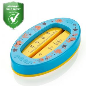 reer Thermom&egrave;tre de bain ovale pour b&eacute;b&eacute; | Thermom&egrave;tre de bain sans danger pour les enfants | Temp&eacute;rature de bain optimale pour la baignoire | Sans mercure | Plage de mesure &eacute;lev&eacute;e | &Eacute;chelle claire | (Bebe Petit Pom, neuf)