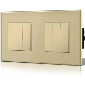 BSEED Double Interrupteur va et vient, Interrupteur à Bascule, Verre Interrupteur Encastrable Bascule,10A 250V Plaque De Cristal Trempé, 157 x 86 mm, 3 Gang 2 Voie Or (Bseed-EU, neuf)