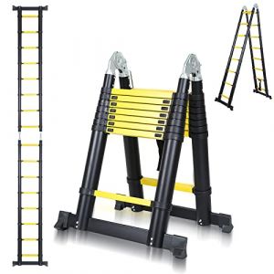 Randaco Échelle Télescopique Aluminium, 5M (2,5 + 2,5) Échelle Pliable et déployable multiusage, 12 Echelons Polyvalente Échelle, Antidérapante, Échelle Portable, Charge Max 150KG, Noir Jaune (Panda-Janos, neuf)
