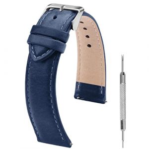 Fullmosa Bracelet de montre 22mm, bracelet de remplacement de bracelet en cuir, bracelet de montre interchangeable pour homme femme, 22mm bleu fonc&eacute; + boucle argent&eacute;e (Fullmosa FR, neuf)