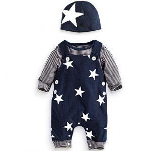 UUAISSO Vêtements pour Bébé Garçon Hauts à Rayures Manches Longues Chemises Imprimé étoiles Salopette Pantalon Chapeau Mignon Tenues d'automne bleu 6-12 mois (XXIE, neuf)