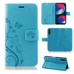 Étui de protection à rabat, en cuir synthétique, de qualité supérieure, compatible avec Wiko View 4/View 4 Lite, portefeuille pour View 4/View 4 Lite, motif de fleurs, bleu (Betterfon, neuf)