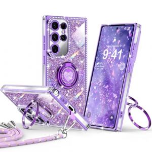 XYZ pour Samsung Galaxy S25 Ultra Coque avec Bande, Coque de T&eacute;l&eacute;phone Portable avec C&oelig;ur Double Anneau Support, Coque de Protection Luxueuse &agrave; Strass Scintillants pour Samsung S25 Ultra, Violet (XYZ Direct, neuf)