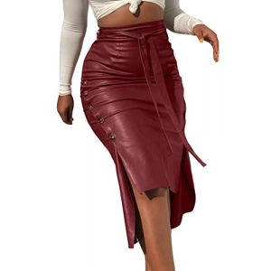ORANDESIGNE Jupe en Cuir Automne Hiver Fente Fendue pour Femme Jupe mi-Longue Mince Jupe en PU Taille Haute Sexy Simili Cuir Jupes Ete Mode Slim Split PU Midi Jupes de Crayon A Vin Rouge S (ORANNER EU, neuf)