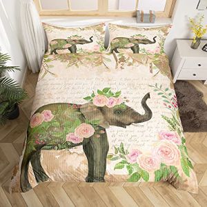 Homemissing Elephant Parure de Lit 220x240cm Botanique Floral Imprimé Housse de Couette pour Enfants Boho Style Exotique Parure Housse de Couette Animal Sauvage Old Fashion Chambre Décor 3Pcs (Bofanshangmao, neuf)