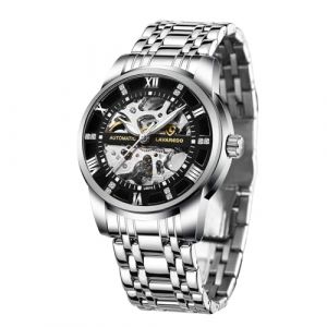 aswan watch Montre Automatique Homme-Cadran Squelette avec Chiffres Romains et Diamant-Montres Mécanique avec Bracelet en Acier Inoxydable (zsfei, neuf)