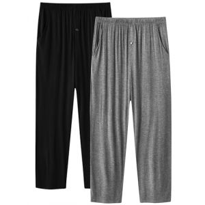 MoFiz Homme Bas de Pyjama Long Confortable Pantalon de Salon Modal Vêtements de Nuit Braguette à bouton avec Poches Lot de 2 Noir/Gris Foncé L (ARKE1688, neuf)