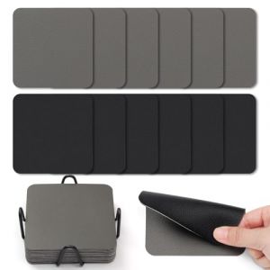 Myir JUN Lot de 12 dessous de verre double face en similicuir imperm&eacute;able antid&eacute;rapant facile &agrave; nettoyer avec support de dessous de verre (gris noir) (Myir JUN-EU, neuf)