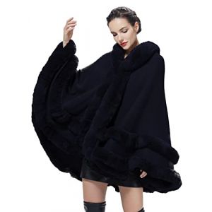 BEAUTELICATE Poncho Fourrure Femme Cape à Capuche Châle Étole Tricoté Manteau Léger pour Automne Hiver Mariage Soirée Gala Mariée Demoiselle d'honneur(Taille Unique, Bleu Marine) (BEAUTELICATE-FR, neuf)