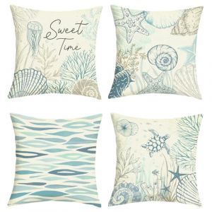 Joymaison Housse Coussin 45x45 Lot de 4 Été Nautique Tortue de Mer Taie d'oreiller Océan Corail Coquillage Étoile de Mer Housse d'oreiller pour Coussins Canapé Housses Home Décor (Joymaison EU, neuf)