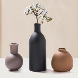 VASETOPIA Vase &agrave; Fleurs - Lot de 3 Mat Petits Vases en C&eacute;ramique, D&eacute;coration de Style Boho pour Mariage Table, Salon, Cuisines (Gris/Noir/Marron) (VaseTopia, neuf)