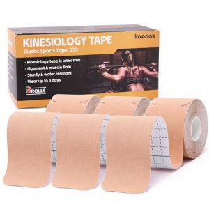 Bande Kinesiologie Prédécoupée Tape Kinesiologie, K tape Elastique Imperméable à l'eau, Taping Kiné Bande Strapping pour le Sport, Support Musculaire et Articulaire Sans LATEX 5cm x 5m (Beige) (ikoodas, neuf)