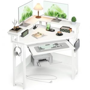 Rolanstar Bureau d'angle Gaming avec Prise USB/Type-C, Bureau avec Rangement et Support Monitor & Plateau Clavie, Bureau PC pour Petit Espace de Travail 113x87cm (Blanc) (HomeWinnerEU, neuf)